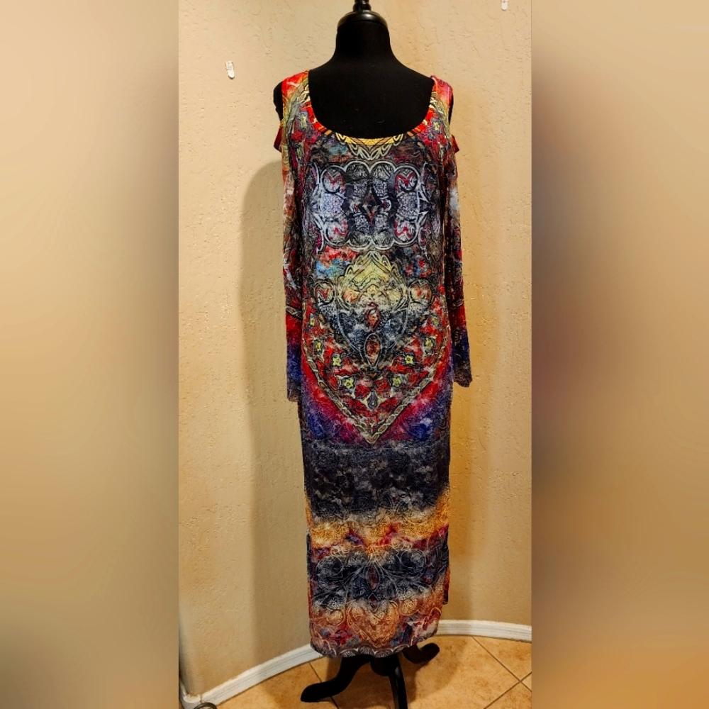 Pyramid Collection celtic lace print Dress  cold shoulder L